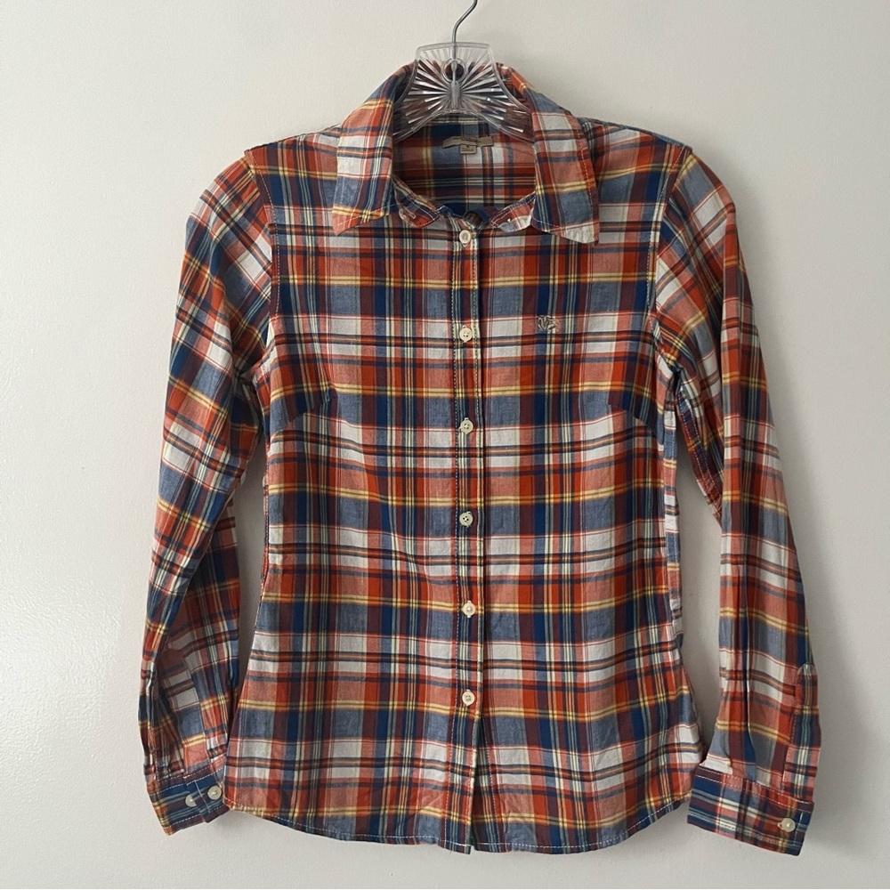 Burberry Brit Blue Orange Plaid Button Up Logo Shirt Small Academia Slim Fit Y2K